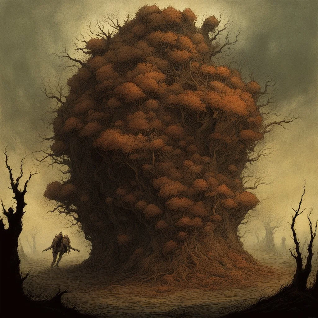 A surreal sentient pile of leaves takes a monstrous shape, by Zdzislaw Beksinski, by Dave McKean, by Yves Tanguy, horror art, hyperdetailed modern comic ink illustration, dark autumnal colors and aesthetic.