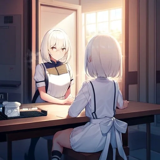 one anime girl in a waitress uniform sitting at a booth in a busy diner with two identical white coffee cups on the table, one white teacup is full and the other white cup is empty, windows and a door, customers, emphasis on two white coffee cups