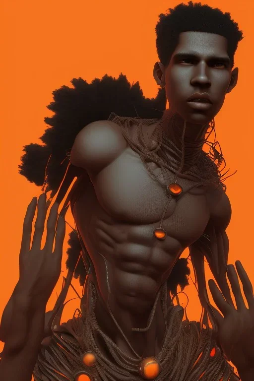 3D render of a cyberpunk tribal young black man, black afro hair, ragged shirt, on a orange dune background, digital art