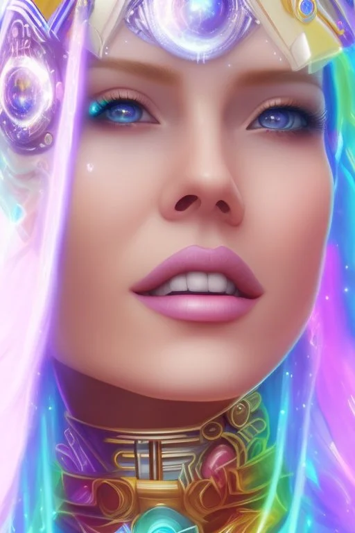 cosmic woman smile, admiral from the future, one fine whole face, crystalline skin, expressive blue eyes,rainbow, smiling lips, very nice smile, costume pleiadian, Beautiful tall woman pleiadian Galactic commander, ship, perfect datailed golden galactic suit, high rank, long blond hair, hand whit five perfect detailed finger, amazing big blue eyes, smilling mouth, high drfinition lips, cosmic happiness, bright colors, blue, pink, gold, jewels, realist, high commander,ufo rainbow