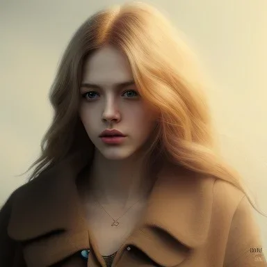 Female, long blond hair, make up, high lights, rusted, diffuse lighting,polished, intricate,highly detailed, illustration, clouds, foggy