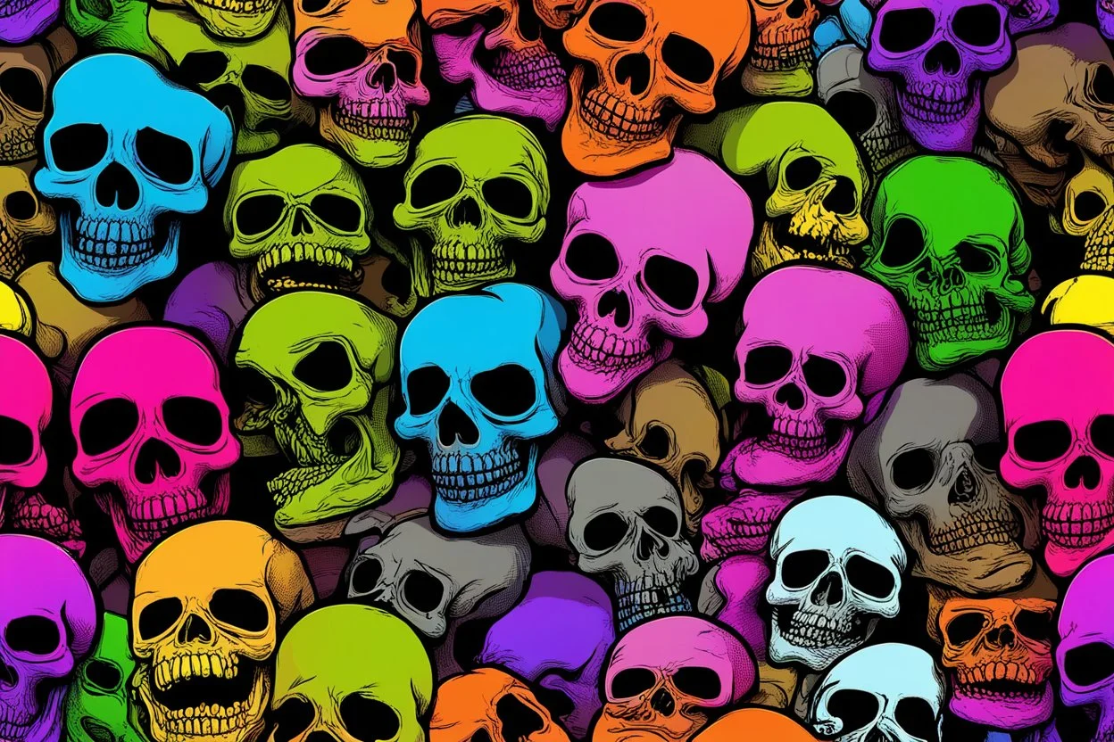 a field of 1000s of cartoonish, anatomically correct, skulls, vivid RANDOM BRIGHT neon colors, dark comedy, well lit, high detail, photorealistic, horrorcore, fun, scary, none featured, each a different color or hue,