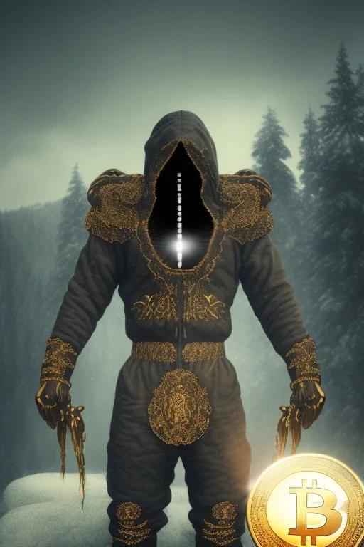 running berserker portrait , no face, black jogging suite , in the night Alps , holding bitcoin , angels background, volumetric gold light, high detail, dark leaf tree, dark mountains in background, perfect