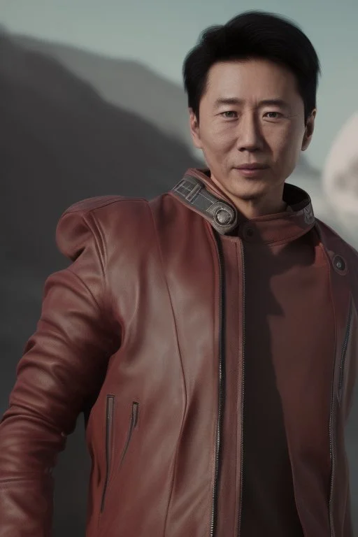 Make Asian Actor in a leather jacket on the moon