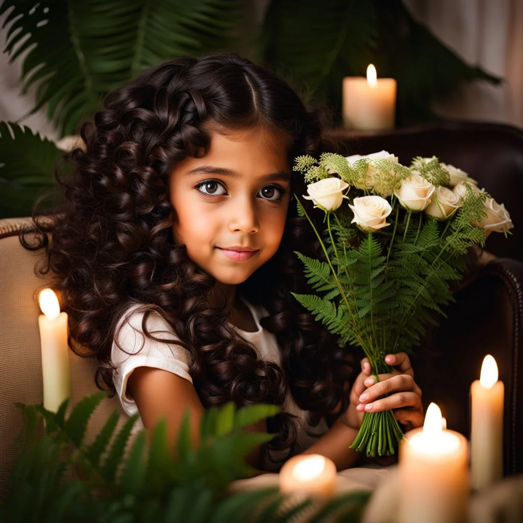 a young 8 years old girl sitting on a couch holding a bunch of flowers, tanned ameera al taweel, hair whitebangs hair, sitting on comfort, roses and lush fern flowers, with big eyes, in a room full of candles, a microscopic photo, cute photograph, from left