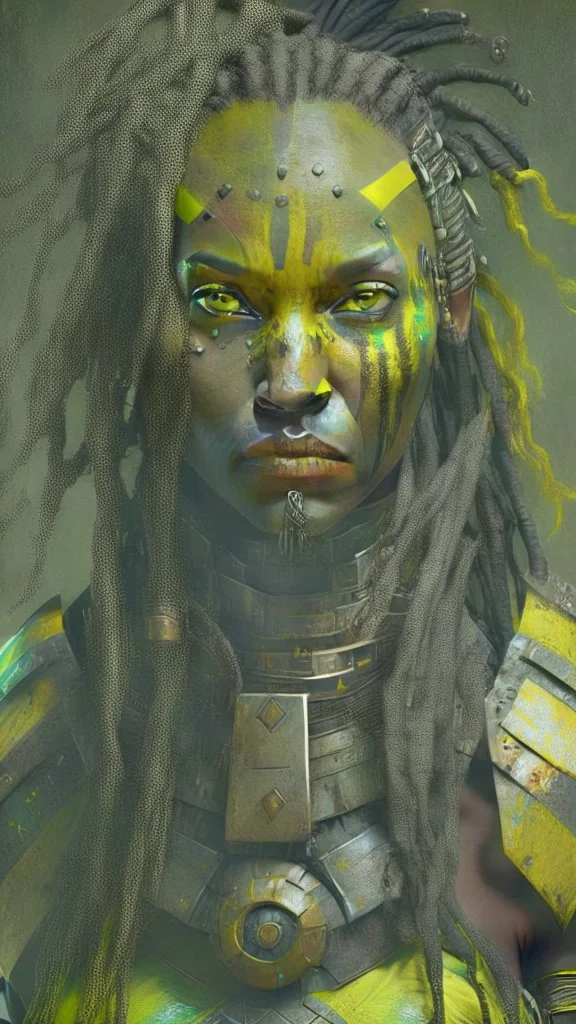 A woman has tanned skin, yellow eyes and black dreads. Her face show her superiority in the eyes of others. She is dressed in a steel armor with a few pieces of yellow and green fabric sticking out.
