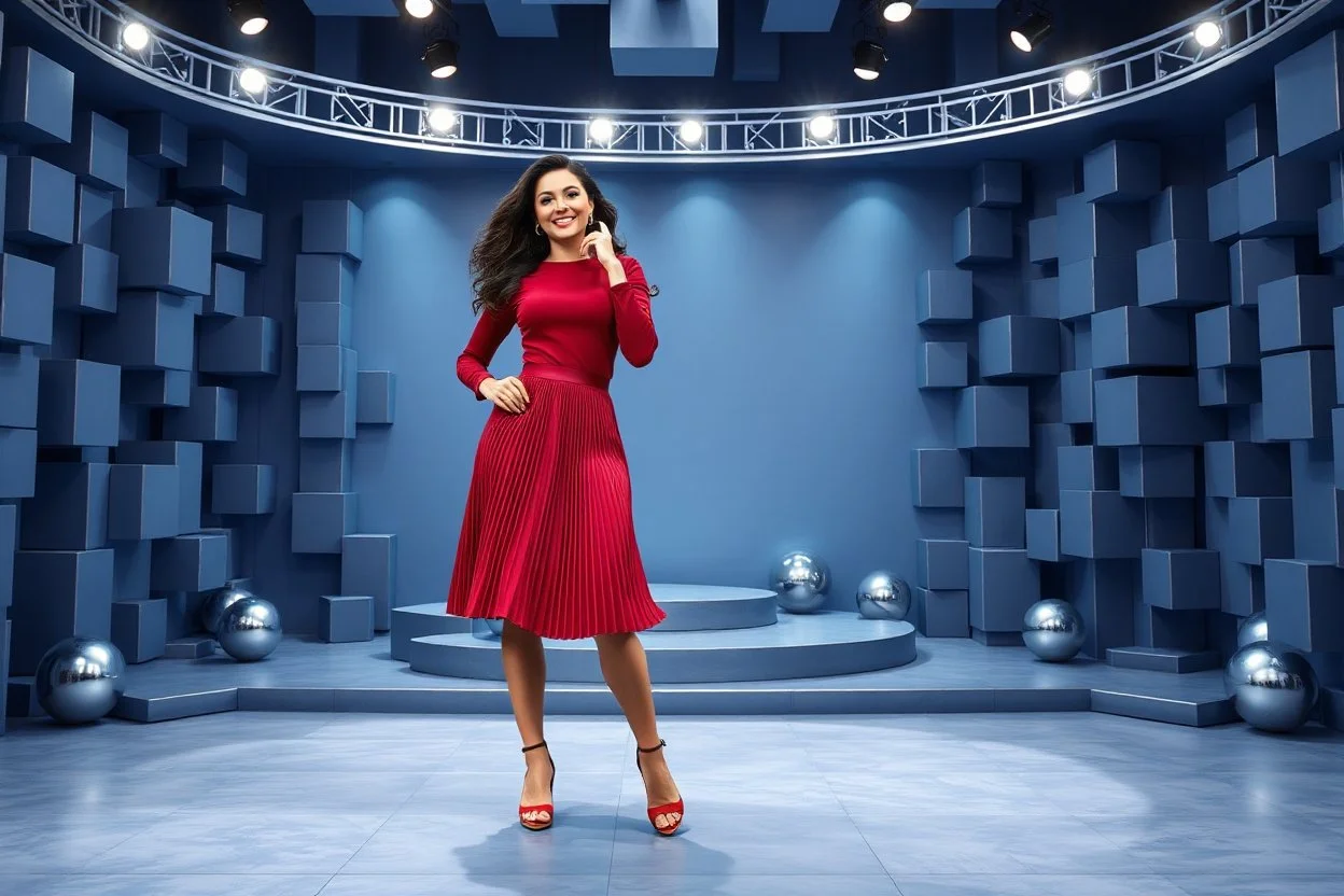 a pretty stage made of metallic blue-gray theme 3d recursive cubic and sphere base structures and a beautiful fashion model lady posing with joy and cute ,with dark red top and pretty pleated midi skirt ,makeup curvy long hair,dynamic camera zoom to full body and pan, dynamic lights.