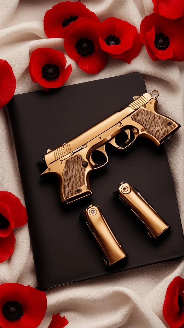 Two gold pistols and a red notebook on a white scarf. A field of red poppies. Close-up from above.cinematic.dark mood