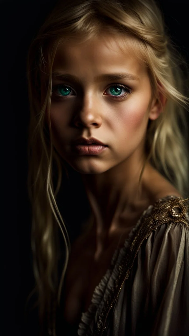 portrait of a poor young girl with blonde hair, Heterochromic eyes, Dark fantasy