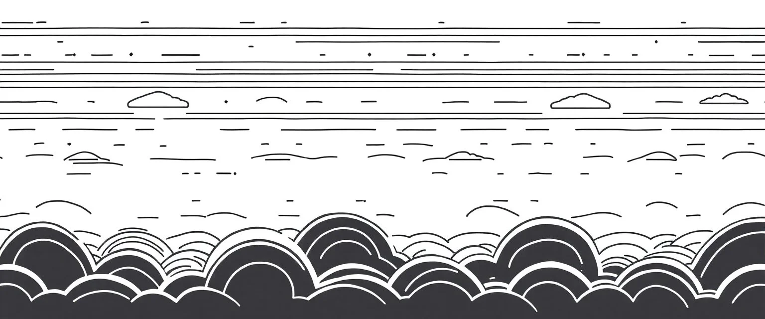 a series spaced curved and looping horizontal lines with paths inspired by clouds, cloud topography, whimsical cute, kawaii, black lines on white, vector lines