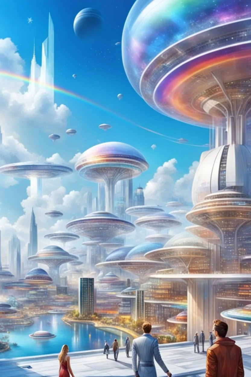 ville futuriste ultra moderne, ufos,rainbows,intergalactic city, cristal