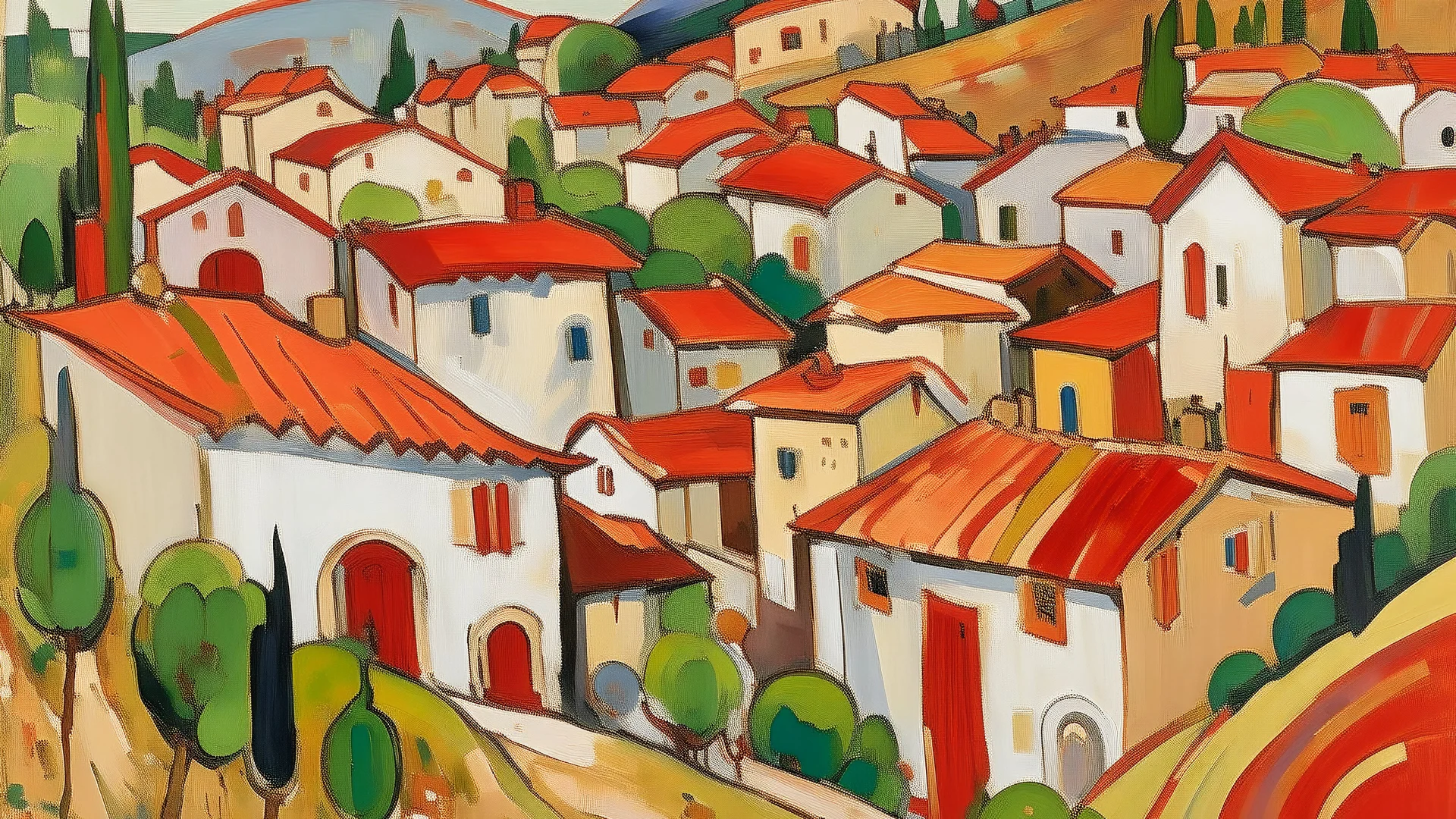 This image is a painting in an expressionist style, depicting a village scene. The painting is characterized by bold, dynamic brushstrokes and vivid colors, typical of the expressionist movement. The village, situated on a hillside, is composed of a cluster of houses with varied architectural styles, including white and beige buildings with red-tiled roofs. The houses are arranged haphazardly, with some appearing to be leaning or tilted, giving the scene a sense of instability and movement. In t