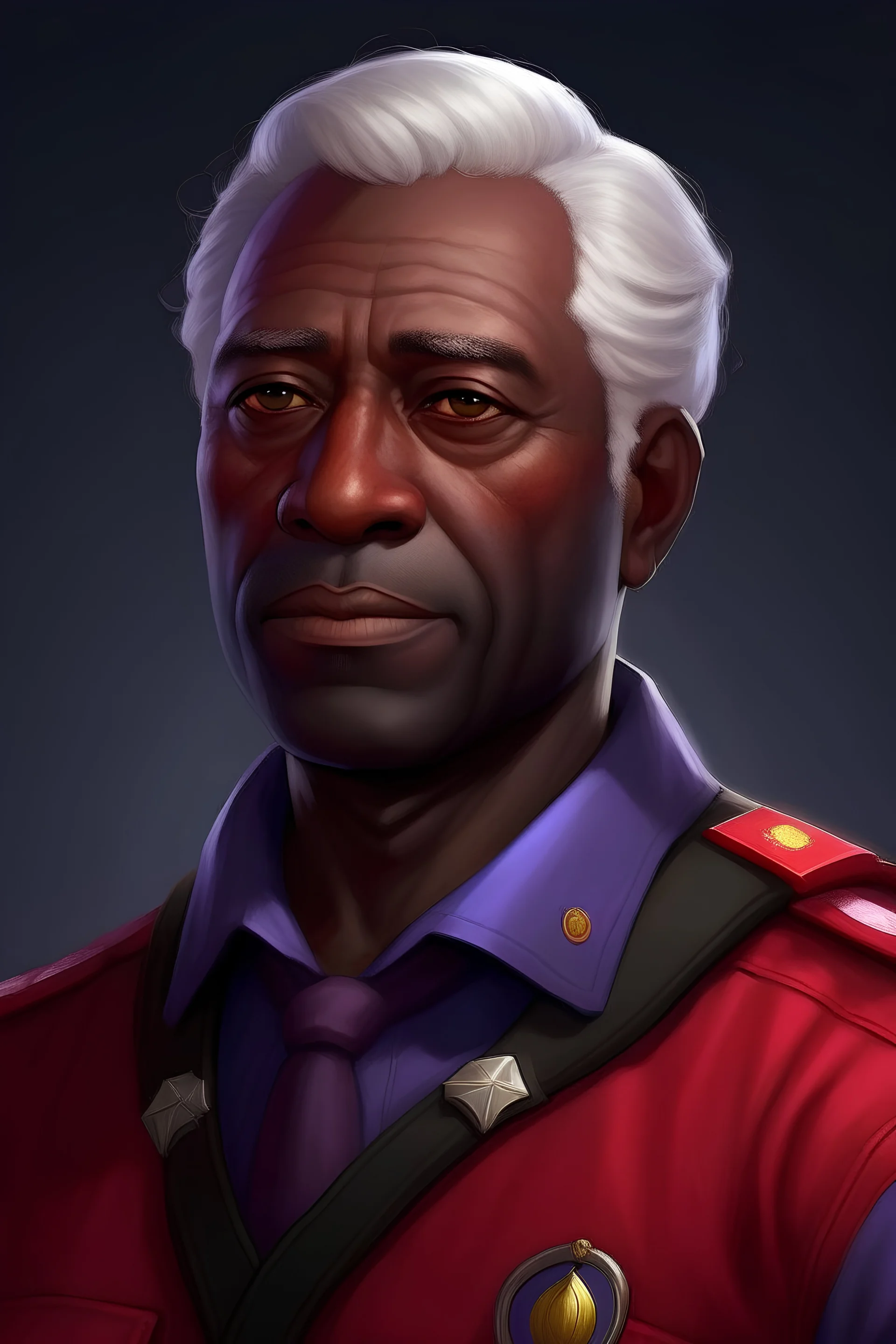 A man with brown skin, white hair, violet eyes, and wearing a red uniform