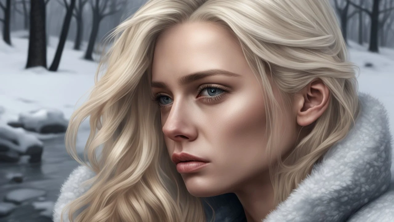 beautiful sad blonde woman, winter, draws a portrait of a man, photorealism, 3d, 64k, high resolution, hyperrealism, f/16, 1/300 s.