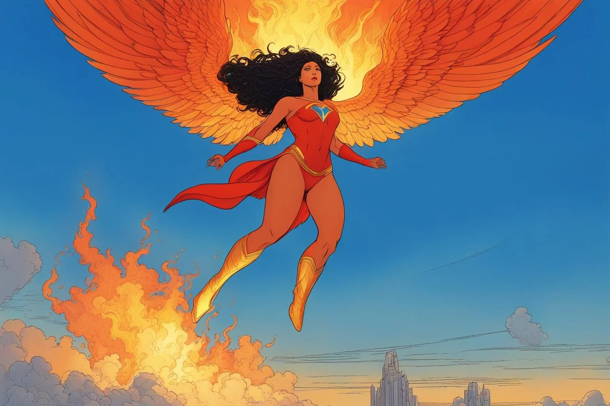 [superhero illustration by moebius] look up and see a flaming goddess, flying in the sky, who slowly makes her way towards you. She is a powerful being, and you can feel the heat emanating from her as she comes closer.