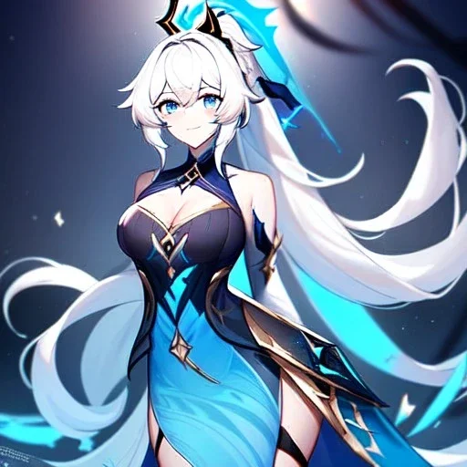 Clear focus, 8k, beautiful lighting, vibrant colors, girl, white long hair, vibrant blue eyes, messy hair, ponytail, honkai impact 3 outfit