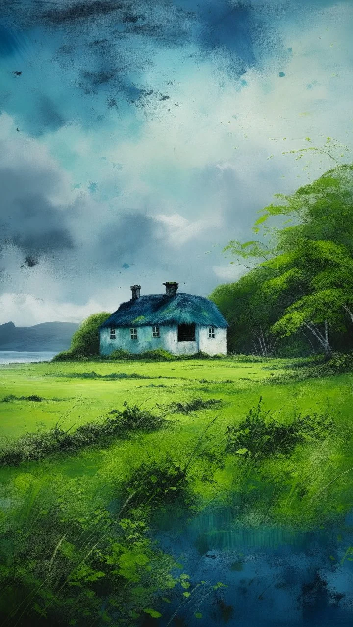 Painterly. Abstract. A cottage with a moss covered roof in a clearing. A willowy androgynous . Anomalous dark blue cloud issuing forth from the heart. Simple yet majestic