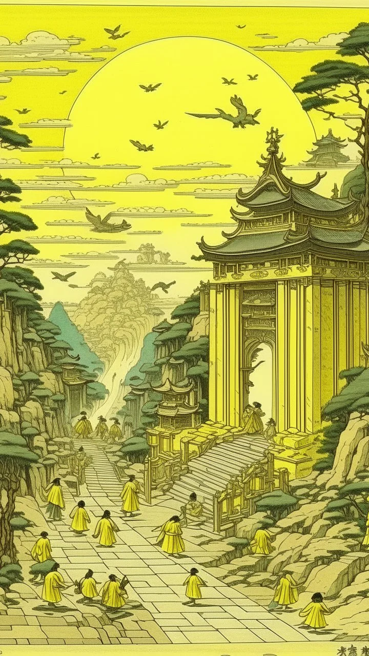 A light yellow heavenly ruins with angels painted by Utagawa Hiroshige