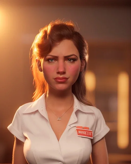 waitress woman with muppet head, real photo, concept art, retro style, smooth, unreal engine 5, god lights, ray tracing, RTX, lumen lighting, ultra detail, volumetric lighting, 3d.