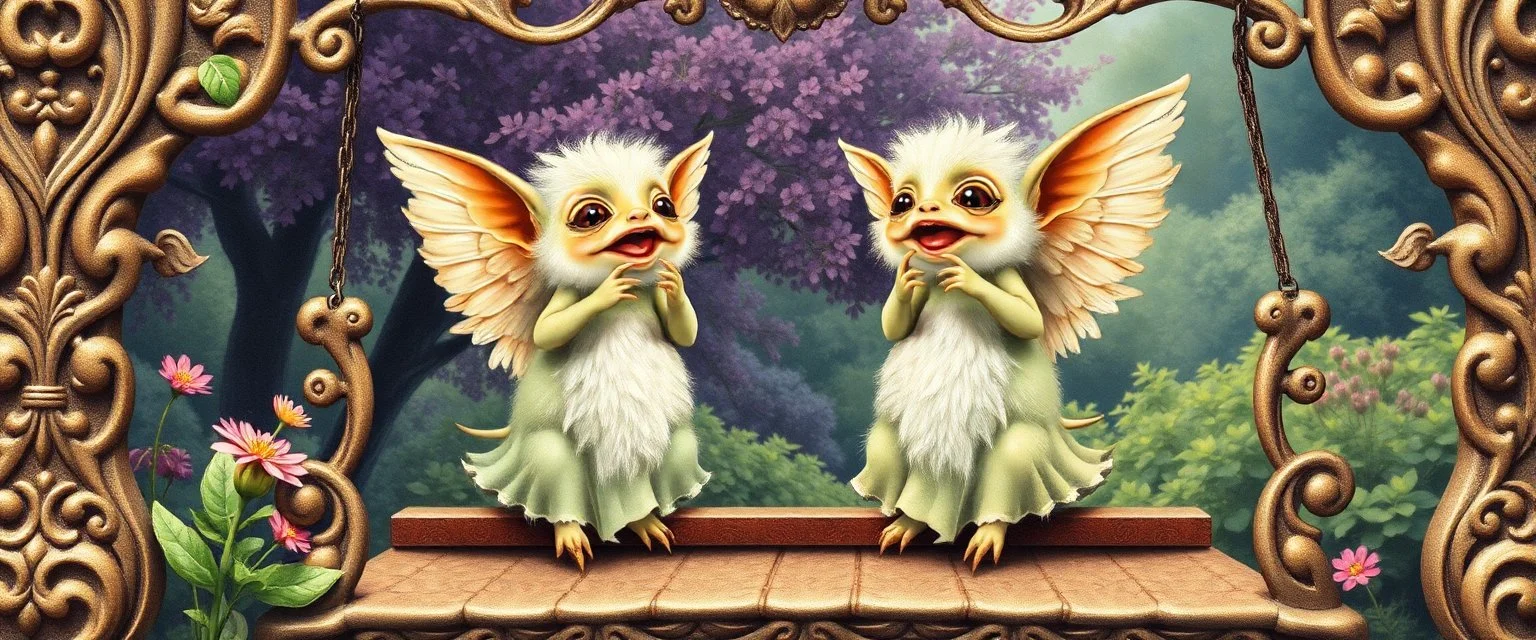 transcendent sacred geometry embroidered patterns, two totally symmetric fluffy angel gremlin slug nice cheerleader singing on ornate carved bridge in garden , full body portrait T-pose strong aura, oil painting and air brush, in swing