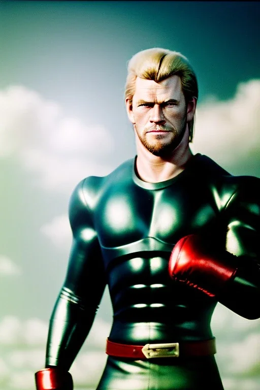 retro portrait image from 1960, sky background, wind, extra long blonde hair, fighting stance, young Chris Hemsworth, clean shave face, black dress, classic long tight lycra black suit, 2 steel disc in busty, big red cap, silver arms, gold bracelet and belt, high boots, soft color, highly detailed, unreal engine 5, ray tracing, RTX, lumen lighting, ultra detail, volumetric lighting, 3d, finely drawn, high definition, high resolution.