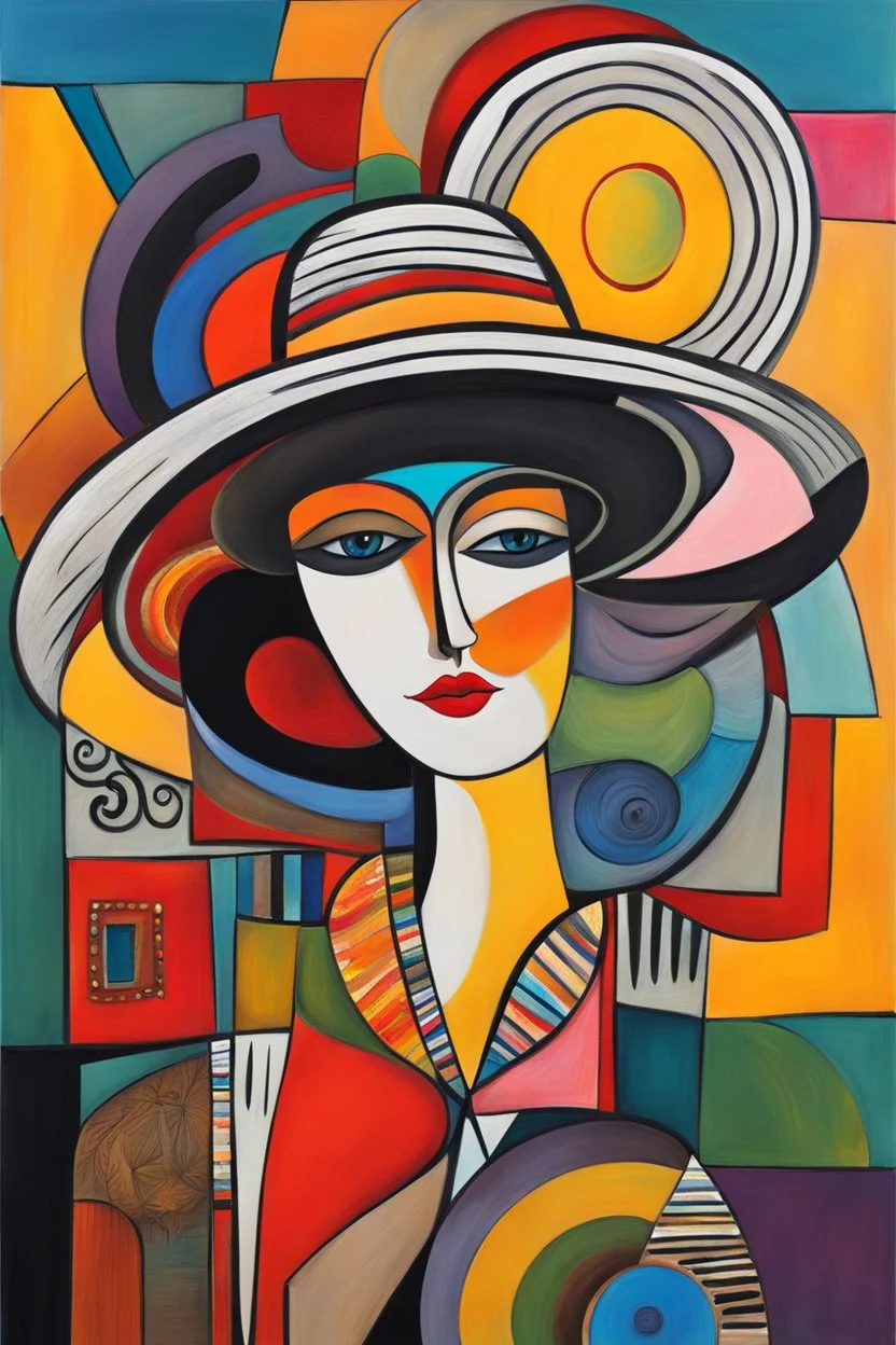 abstract paint from Lady in big hat , vibrant colors, folk art, non-figurative mode, style combined abstract art with dadaism, patchs, black lines, surrealism style