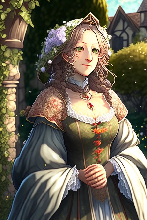 Anime, bubbly middle age woman with medieval gown, outdoors in garden, HD, extreme detail in the face