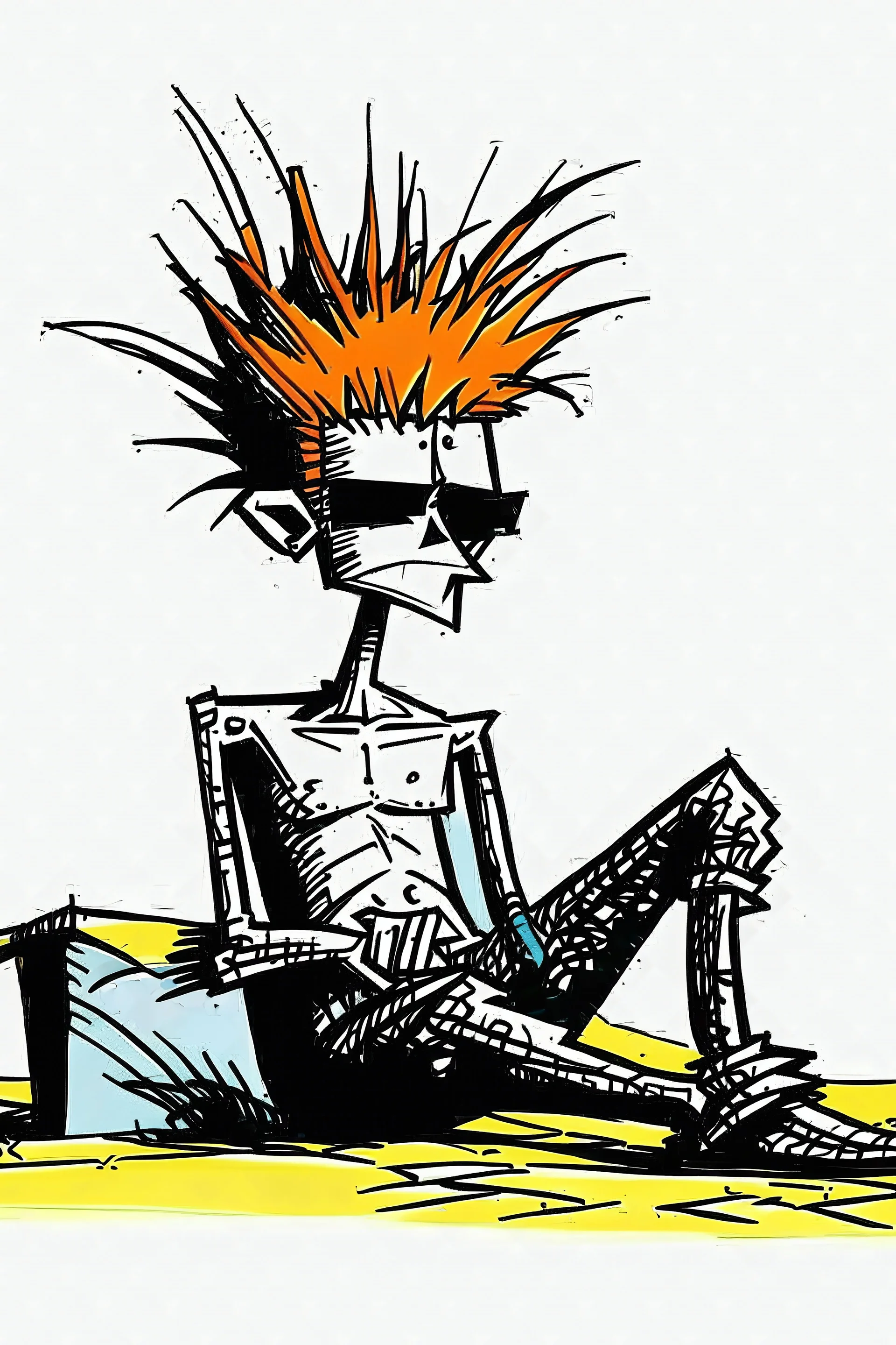 2d drawing of a stickman, cool with punk hair, x eyes like in hangman, sideview of him sitting in a car, arm resting on door