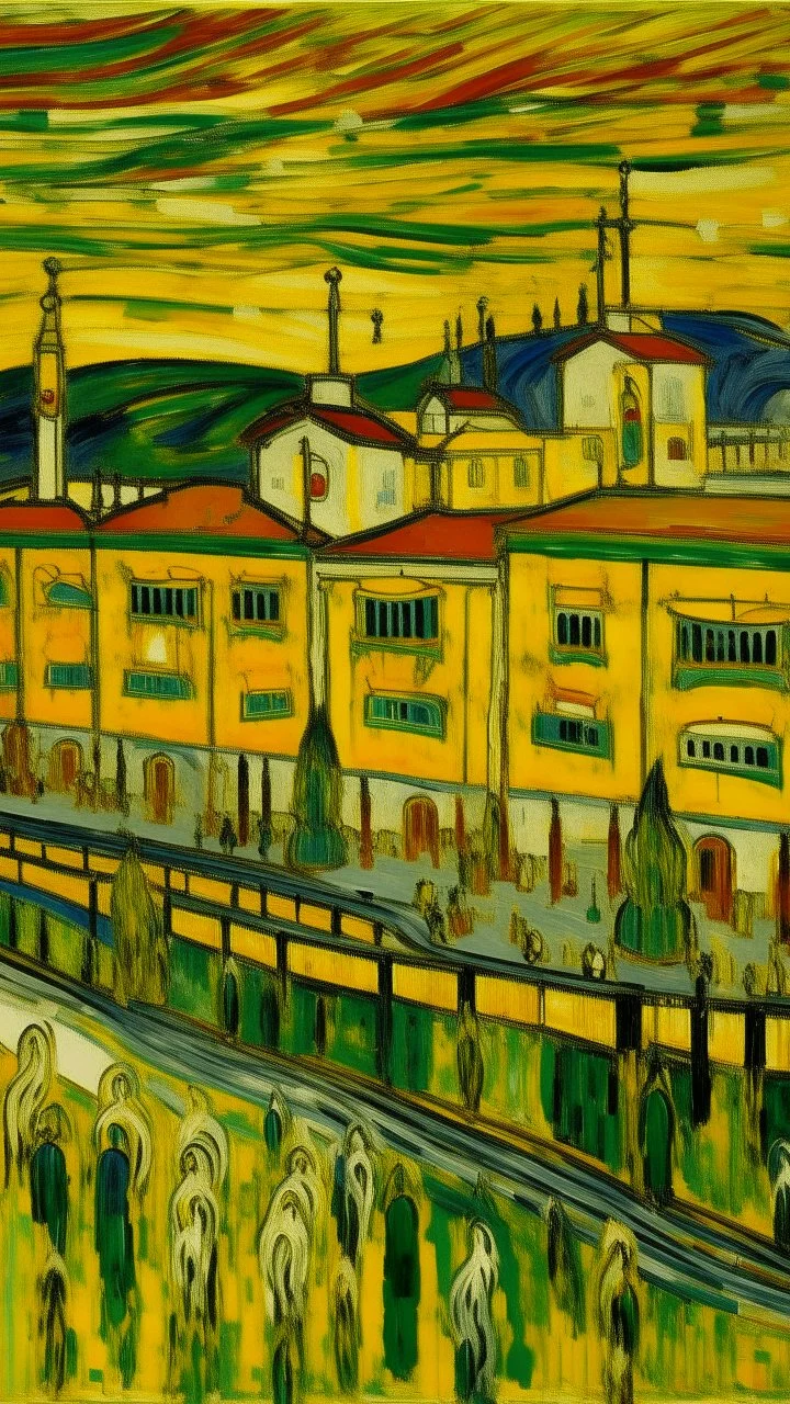 A yellow factory with sprocket drills painted by Edvard Munch