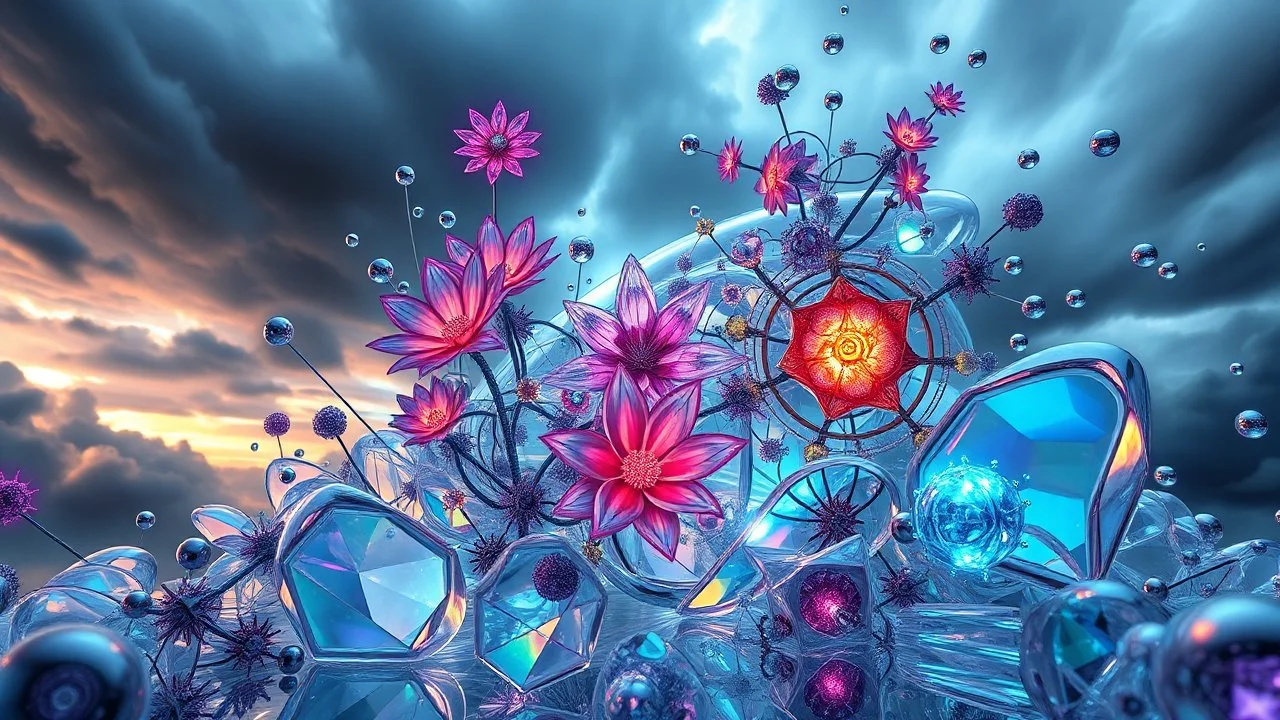 Dynamic complex hypnotic of 3D structures Symmetry twisting and morphing between cifi plants , cifi flowers and metal geometric 3d structures , smooth translucent iridescent glass with inner glow and bubbles, varied transparent materials, stormy skies, intense dramatic
