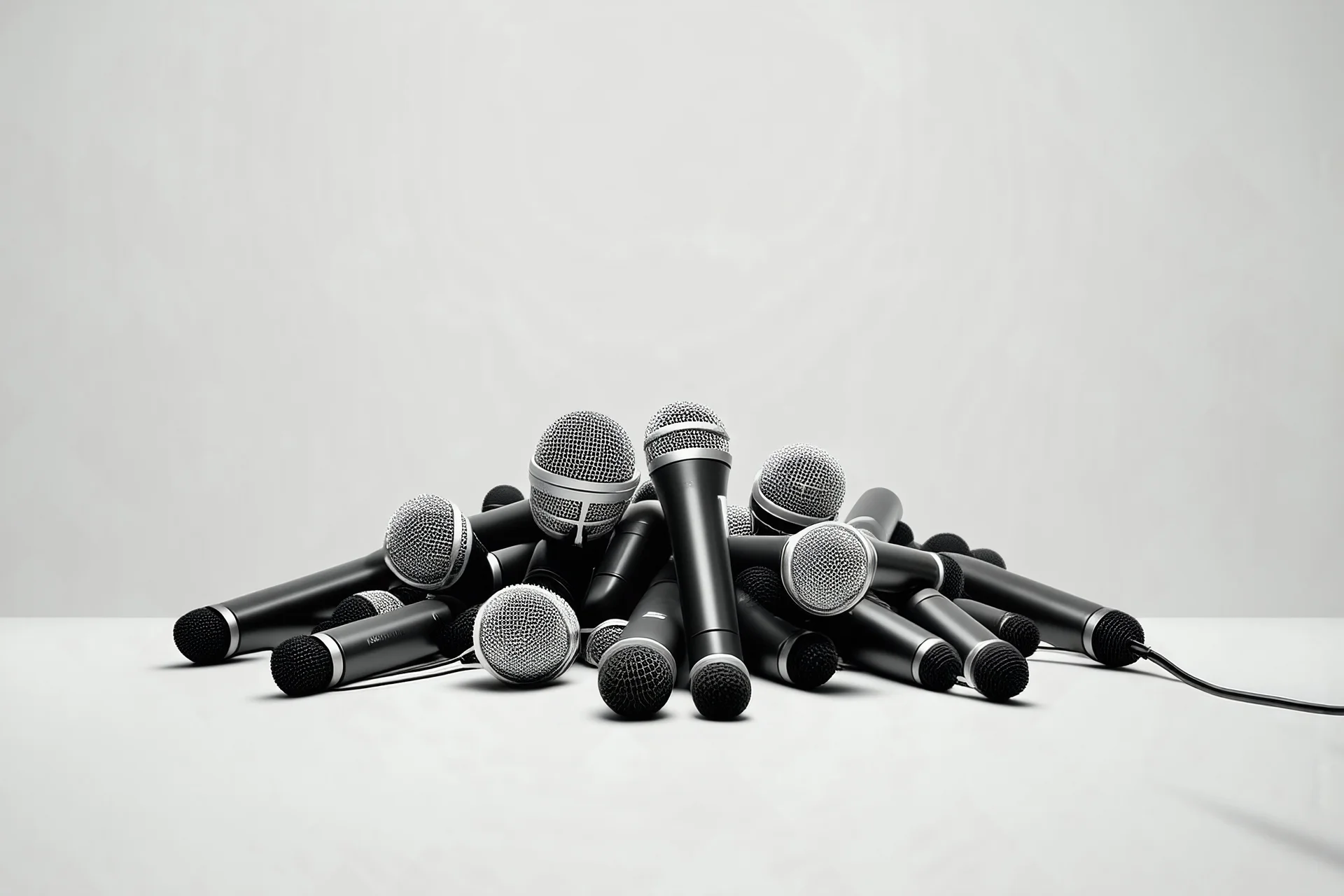 A pile of microphones in an empty white room