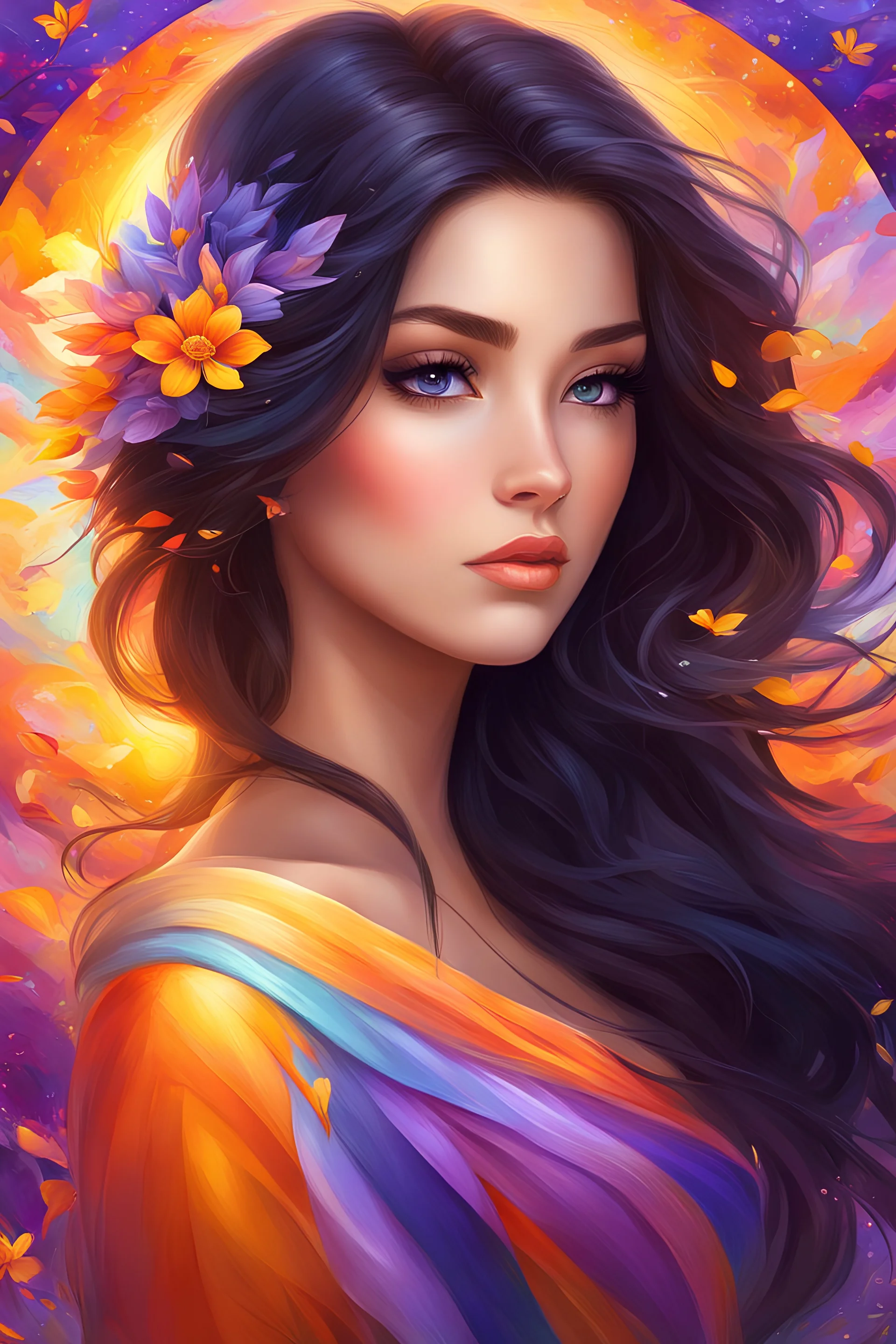 Masterpiece, best quality, digital painting style, adorable digital painting, beautiful fantasy art, colorful. Her dark hair cascades, and her kind eyes seem like gentle winds blowing. With awe, she gazes at the vibrant hues of the sunset - a kaleidoscope of orange, purple, and yellow. Enveloped in the embrace of spring's gentle spell, her heart awakens to the beauty that dwells around her. The world is so colorful, ablaze with life's zest, and she becomes part of nature's eternal quest.