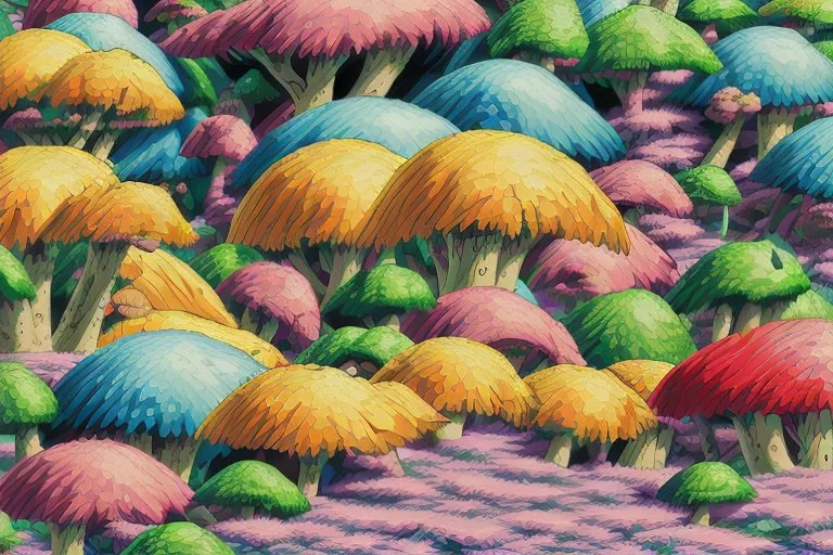 Fungi Forest: Bizarre fungi radioactive forest, hallucinogenic, surreal landscape, captivating flora and fauna, hazardous conditions, intricate details, vibrant colors, nuclear, dystopian, magical