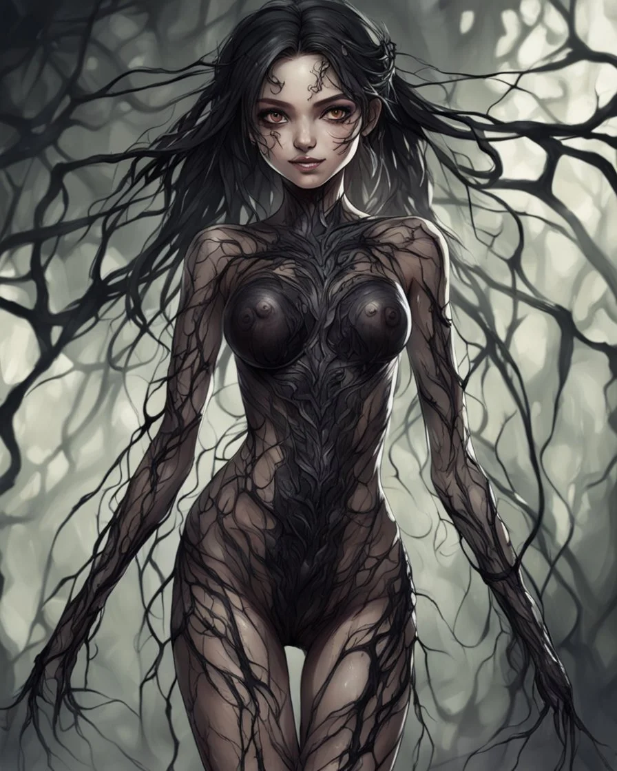 A girl fullbody . smile intensified and her eyes took on a sinister gleam. Her skin turned translucent, revealing a network of black veins that extended like roots beneath her epidermis.