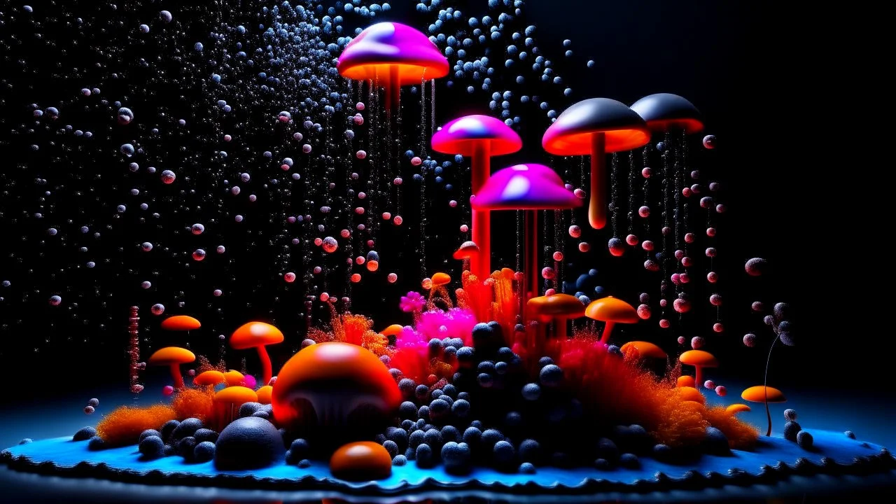 Exotic Flora, fauna, mushrooms, fungi and coral dripping black liquid in a Multiverse background