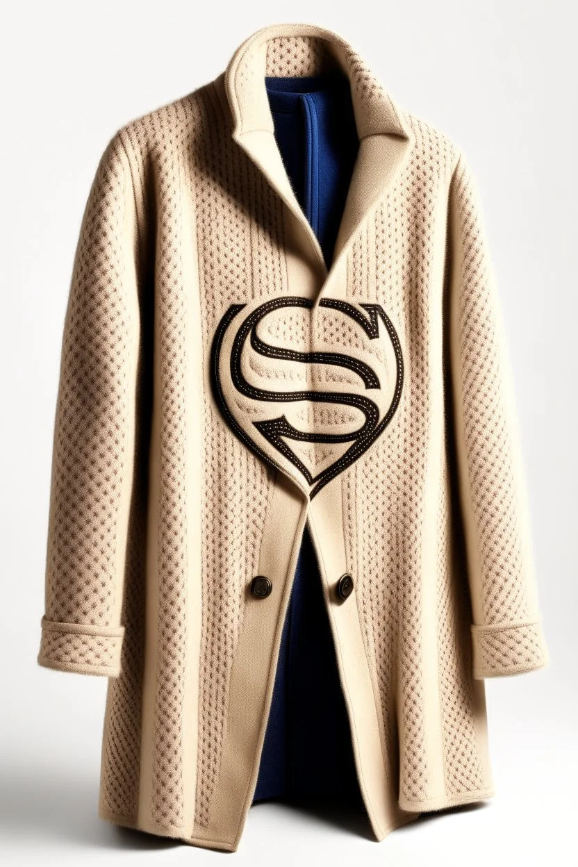 Men's Superman's Balenciaga overcoat Winter elegant inspired by Superman's emblem design beige tones with dual color on a white background, product catalog photography, soft spot lighting, depth of field, 4k –ar 3:5 –q 2