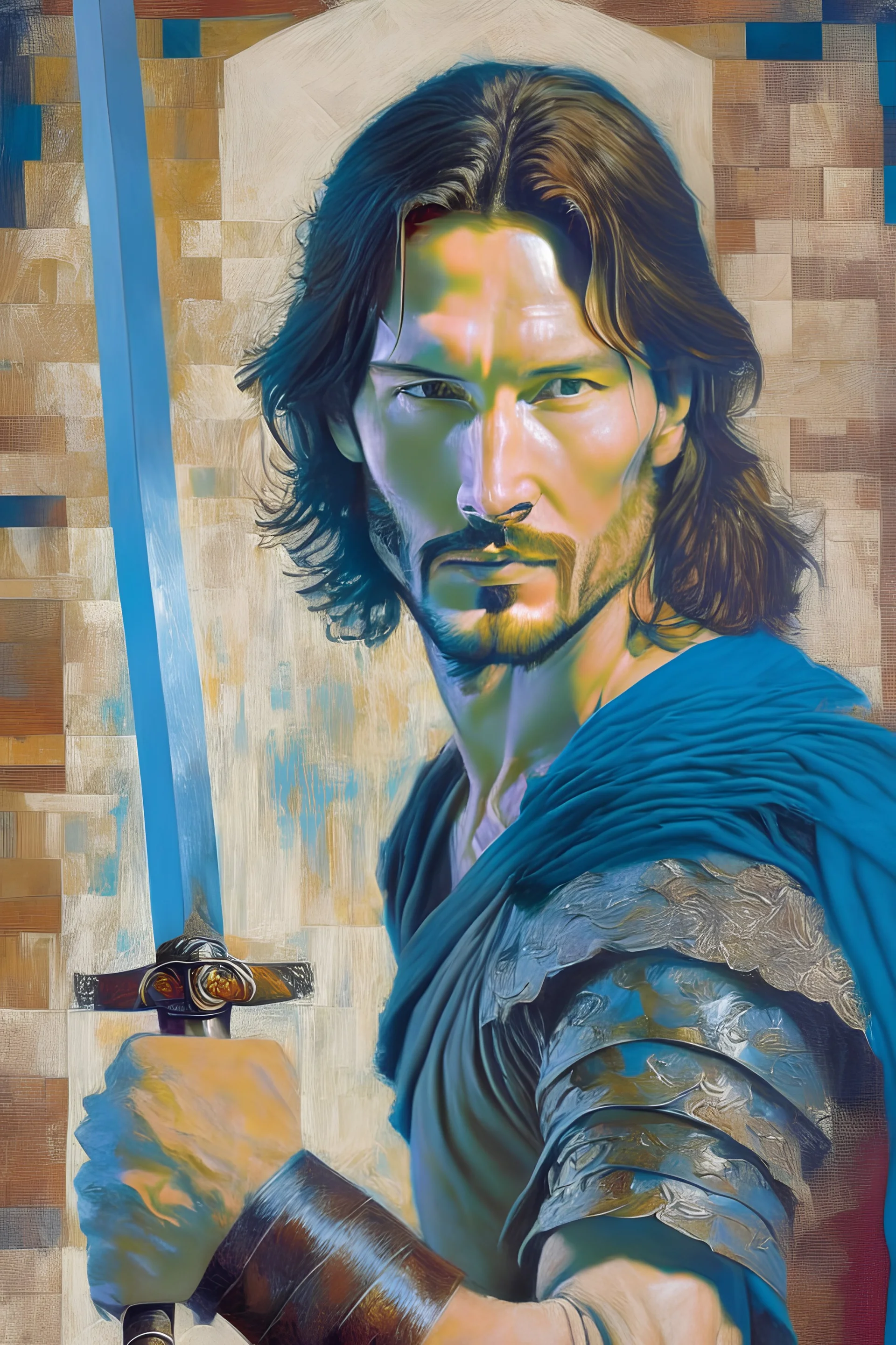 painting of an ancient aegean sword-fighter. concept art in the style of albrecht dürer leonardo da vinci Rembrandt Botticelli. in tve likeness of keanu reeves ben barnes taylor kitsch jared leto