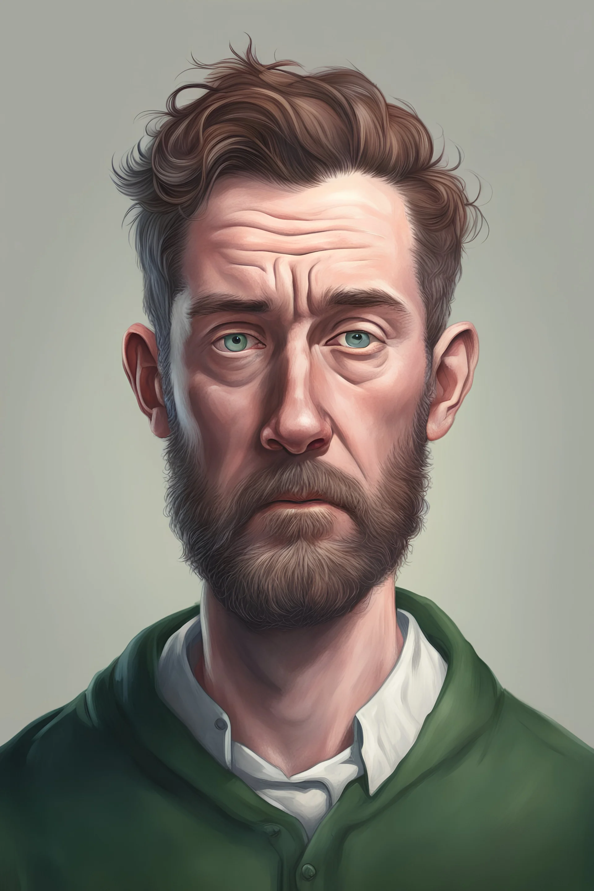 37 year old irish man, tired looking. Realistic style.