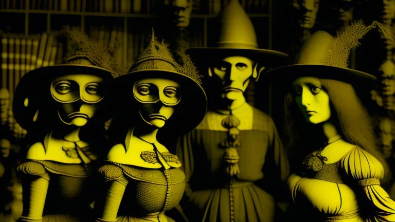 Daguerrotype close up some mysterious figures, odd background, cinematic, Hieronymus Bosch Max Ernst ambient light, by Minicavio Quollati and Marlost Endgulp, Amano, Botticelli, Alphonse Mucha