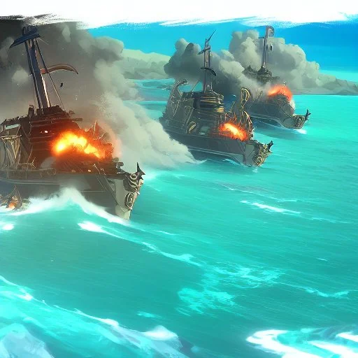 Two pirate ships fight each other at sea. Firing cannons. One ship is hit and burns after being hit.