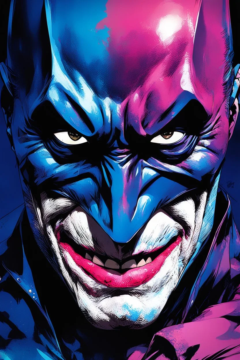 Poster in two gradations, split in half, one side "batman", other side "joker", midline of the face, painting by Yoji Shinkawa, dark blue and pink detailed iridescent, metallic, translucent, dramatic lighting, hyper futuristic, digital art,