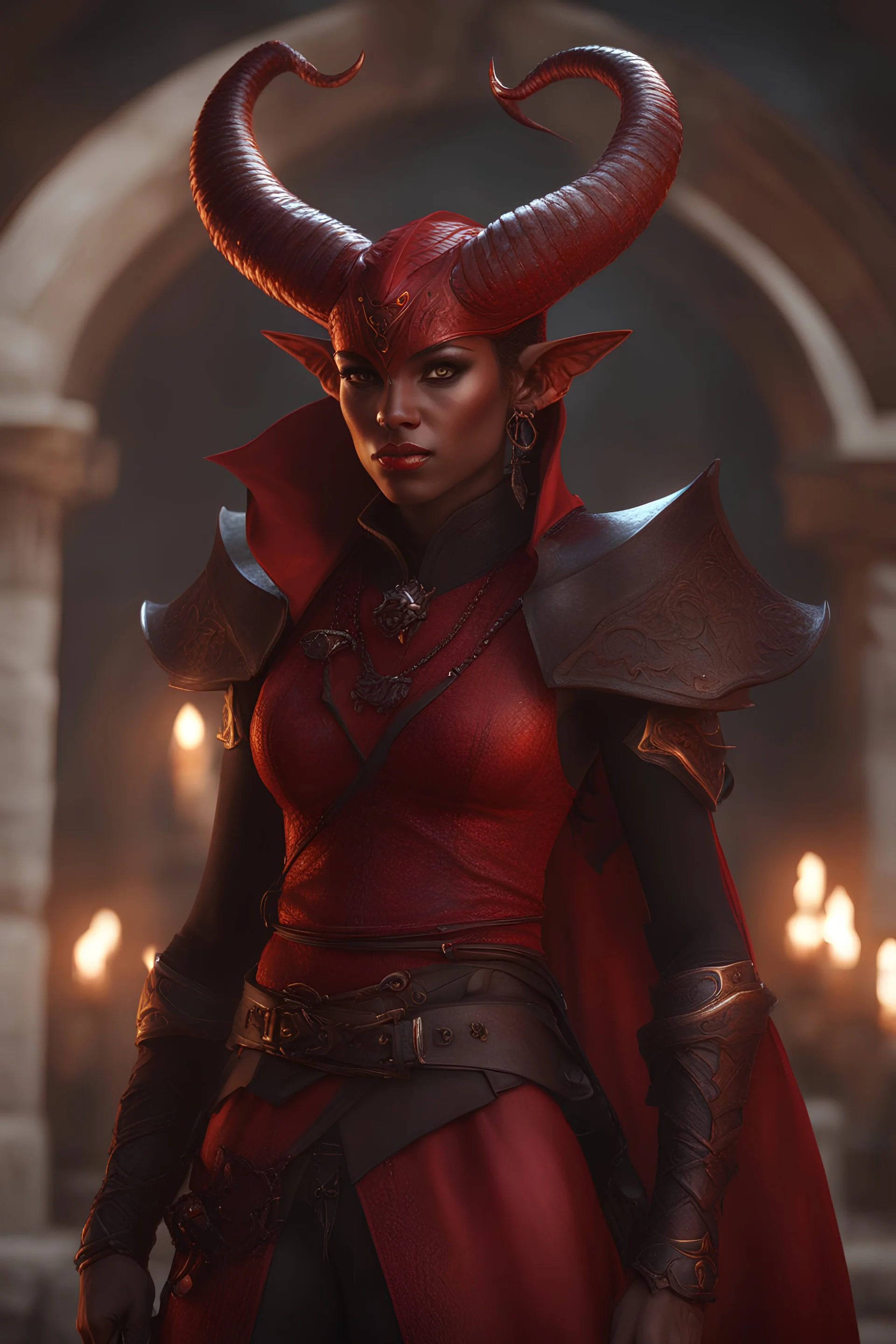dnd character art of a tiefling warlock. high dpi, short small curved horns, small ears, 3D cgi, red skin, unreal engine 6, high detail, intricate, cinematic background