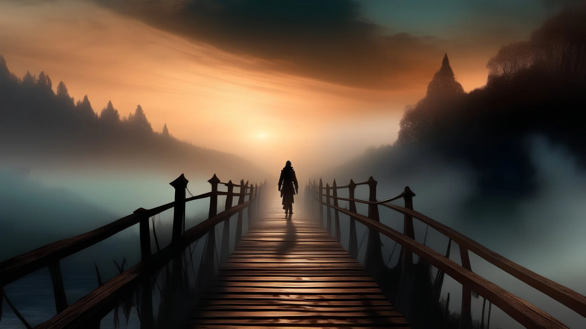 walking straight ahead over a wooden bridge, holding the angel of death with your right hand, entering the fog at the end of the road that leads to the afterlife, a stream from the mountains flows from the right and left, and a beautiful sunset and galaxy's behind the fog, realistic