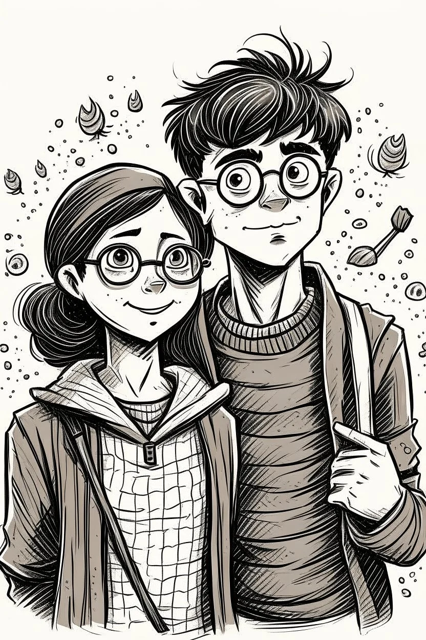 Handdrawn, harry potter style, girl and boy in love