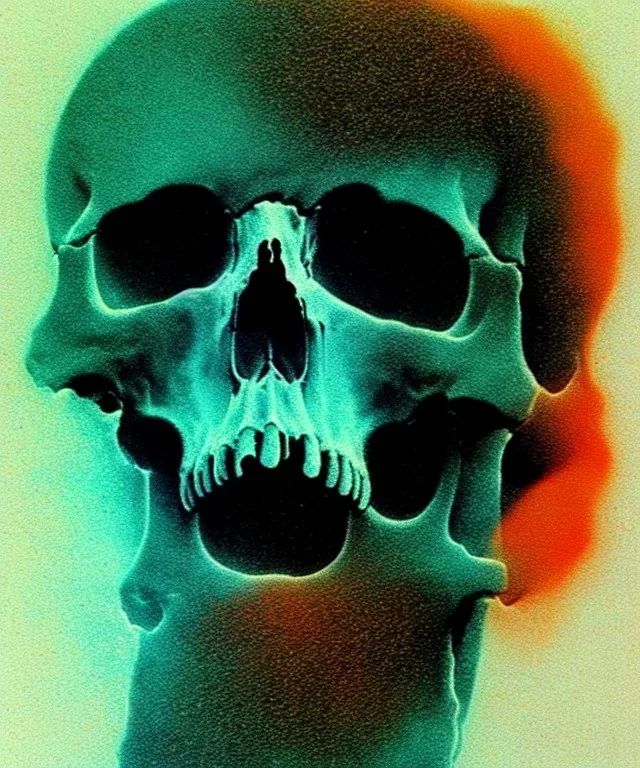 broken realistic skull. black background. smoke and explode. particles in air. teal and orange. abstract. beksinski.