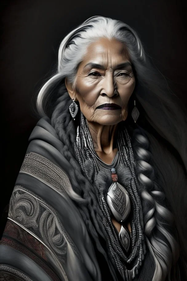 a photo of an Aztec woman with ethnic jewelry, grey hair and grey flowing robe, in style of Annie Leibovitz, contemporary portrait of a mature yet beautiful and modernist woman, black and grey, detailed feminine face, swirling fluid smokey enigma, award-winning artwork