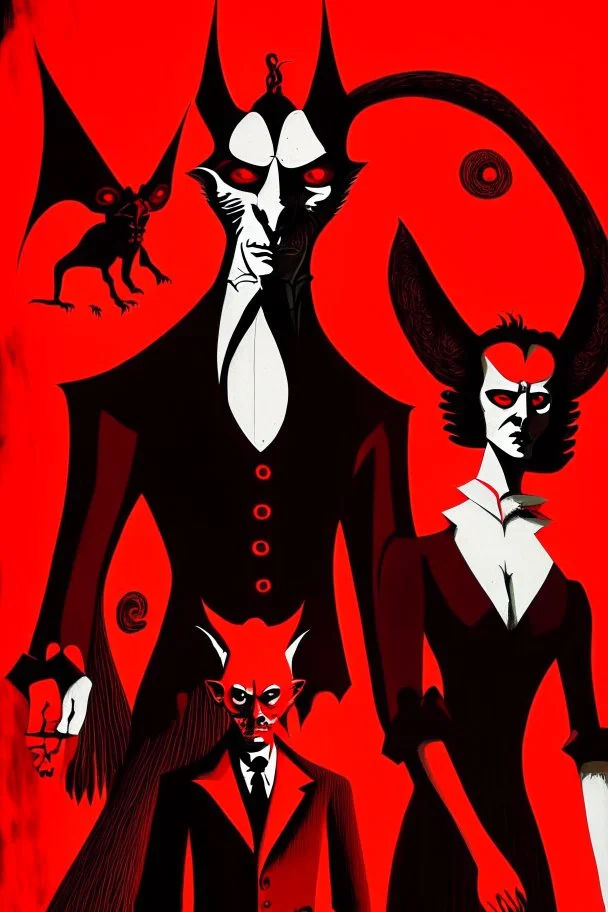 Woland, Behemoth, Korovjov characters from Mikhail Bulgakov’s The Master and Margarita, red background, black, white figures, bizarre, surreal by Jean Carlu