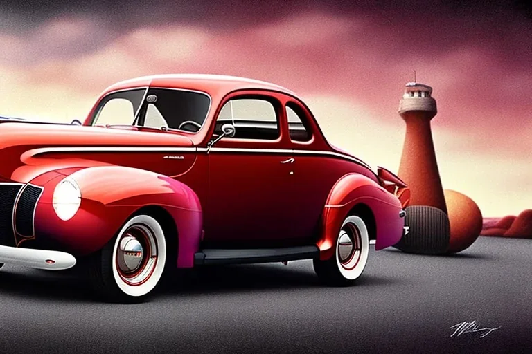 a true-to-life 1940 ford coupe hotrod, two-tone paintwork, classic hotrod wheels, pen and color marker, centered, intricate, extreme detailed, photorealism, center view, 1950s drive-in background, pivot on ford, painting by cheryl kelley