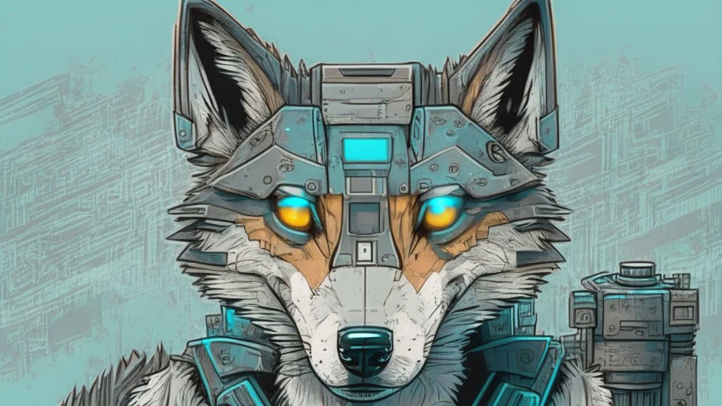 Robotic wolf looking at the camera, comic style