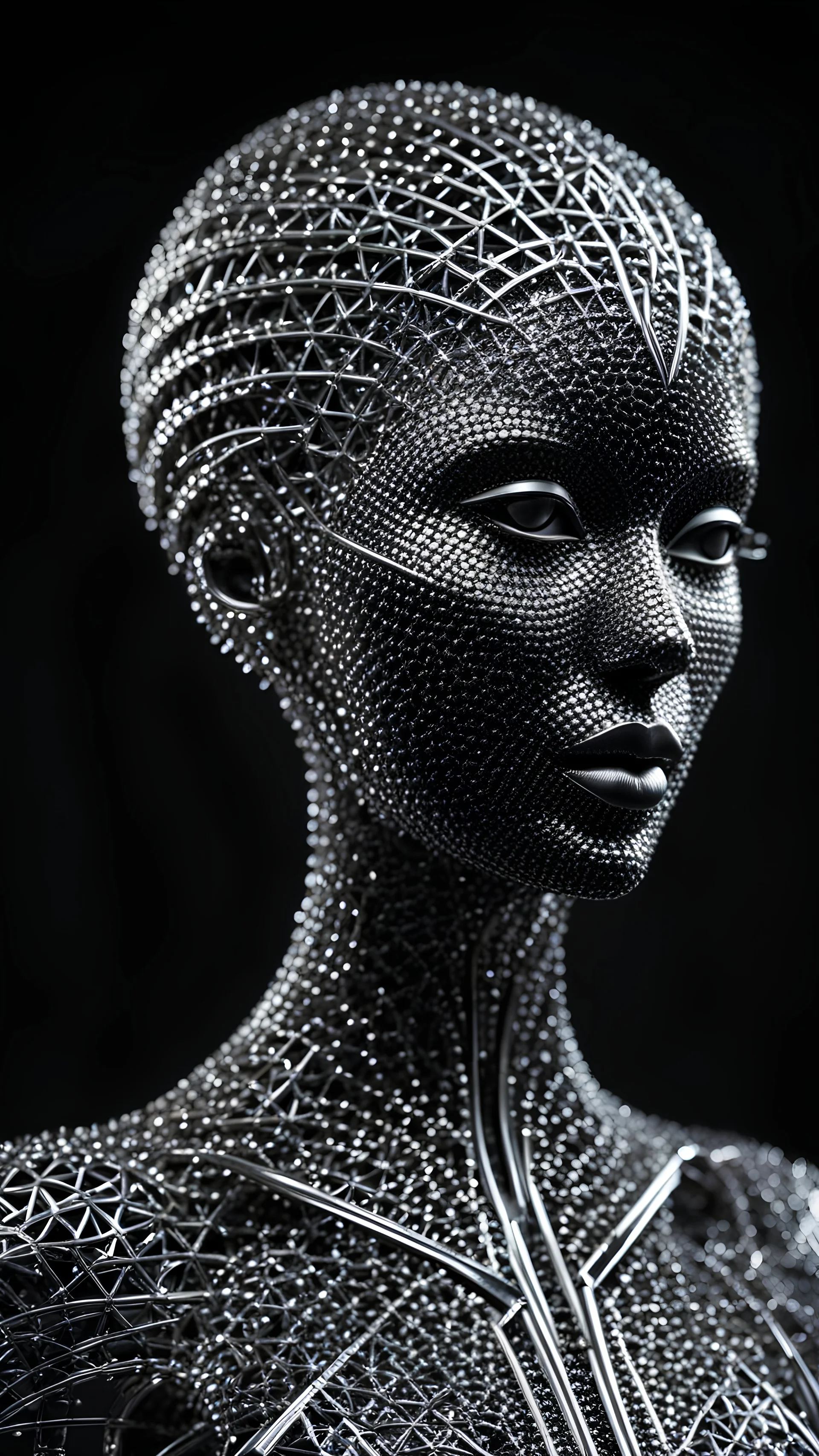 A (((female humanoid sculpture))), intricate and detailed, crafted from thousands of (((tiny steel spikes))), each element expertly fashioned with razor-sharp precision, standing confidently against a (black, sleek backdrop). The figure's delicate features are beautifully replicated, showcasing the elegant curves of its form and the precise angles of its face, creating a dazzling interplay of light and shadow that draws the eye